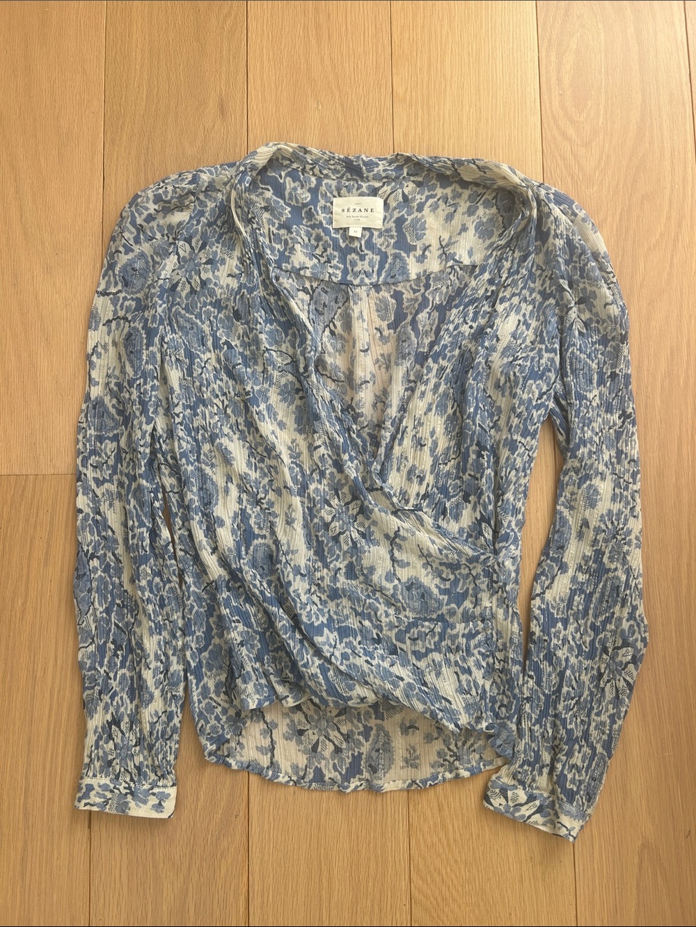 Sezane blue floral wrap style blouse, size 32